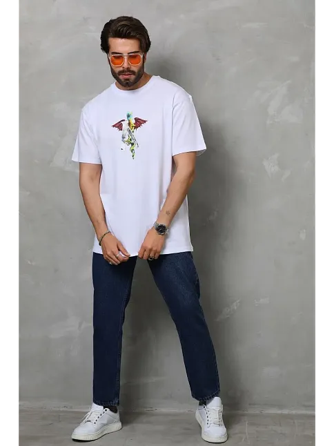 Erkek Baskılı T-shirt Kısa Kol Bisiklet Yaka Regular Fit Rahat Kalıp Tişört -  Beyaz