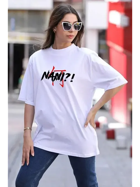 Kadın Baskılı T-shirt Kısa Kol Bisiklet Yaka Oversize Rahat Kalıp Günlük Tişört - Beyaz