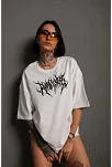 Kadın Baskılı T-shirt Kısa Kol Bisiklet Yaka Oversize Rahat Kalıp Günlük Tişört   - Beyaz