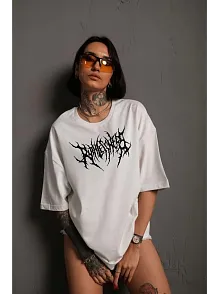 Kadın Baskılı T-shirt Kısa Kol Bisiklet Yaka Oversize Rahat Kalıp Günlük Tişört   - Beyaz