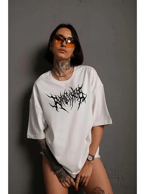 Kadın Baskılı T-shirt Kısa Kol Bisiklet Yaka Oversize Rahat Kalıp Günlük Tişört   - Beyaz