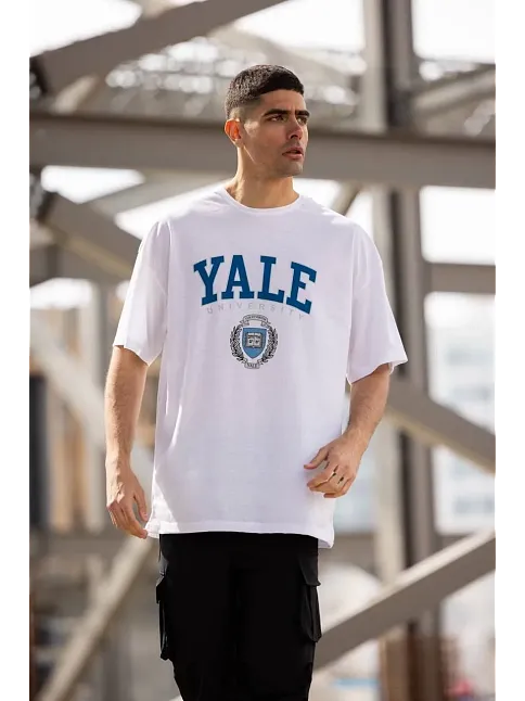 Erkek Kısa Kol Yazlık Tişört Bisiklet Yaka Yale Baskılı  T-shirt - Beyaz