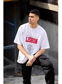Erkek Kısa Kol Yazlık Tişört Bisiklet Yaka Baskılı Oversize T-shirt - Beyaz
