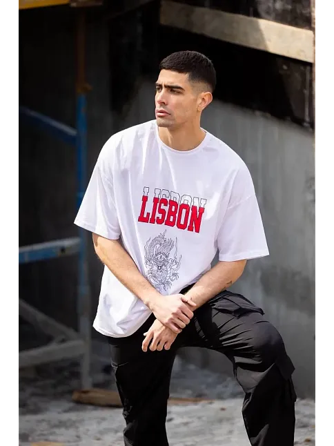 Erkek Kısa Kol Yazlık Tişört Bisiklet Yaka Baskılı Oversize T-shirt - Beyaz