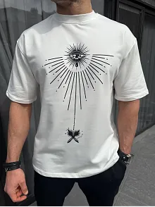 Erkek Kısa Kol Tişört Bisiklet Yaka Gül Baskılı Oversize T-shirt - Beyaz