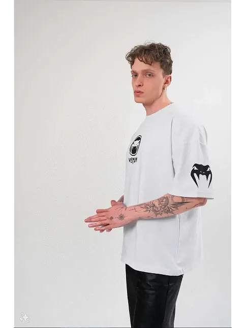 Erkek Kısa Kol Tişört Göğüs Ve Kol Bisiklet Yaka Baskılı T-shirt - Beyaz