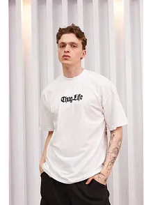 Erkek Kısa Kol Yazlık Tişört Bisiklet Yaka Baskılı Oversize T-shirt - Beyaz