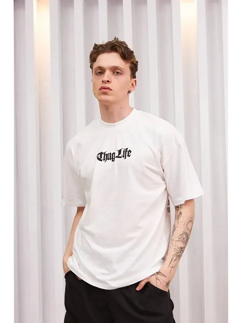 Erkek Kısa Kol Yazlık Tişört Bisiklet Yaka Baskılı Oversize T-shirt - Beyaz