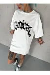 Kadın Bisiklet Yaka Baskılı Oversize  Kısa Kol T-shirt - Beyaz