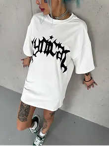 Kadın Bisiklet Yaka Baskılı Oversize  Kısa Kol T-shirt - Beyaz