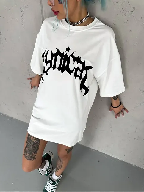 Kadın Bisiklet Yaka Baskılı Oversize  Kısa Kol T-shirt - Beyaz