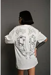 Kadın Bisiklet Yaka Baskılı Oversize Kısa Kol  T-shirt - Beyaz