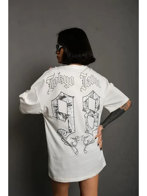 Kadın Bisiklet Yaka Baskılı Oversize Kısa Kol  T-shirt - Beyaz