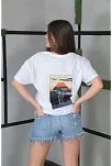 Kadın Bisiklet Yaka Baskılı Kısa Kol Oversize T-shirt- Beyaz