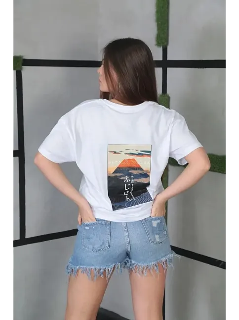 Kadın Bisiklet Yaka Baskılı Kısa Kol Oversize T-shirt- Beyaz