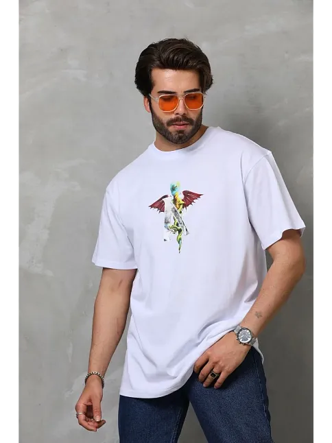 Erkek Baskılı T-shirt Kısa Kol Bisiklet Yaka Regular Fit Rahat Kalıp Tişört -  Beyaz