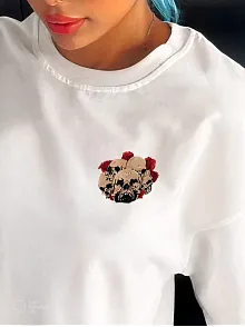 Kadın Kısa Kol Yazlık Tişört Bisiklet Yaka Kuru Kafa Baskılı T-shirt - Beyaz