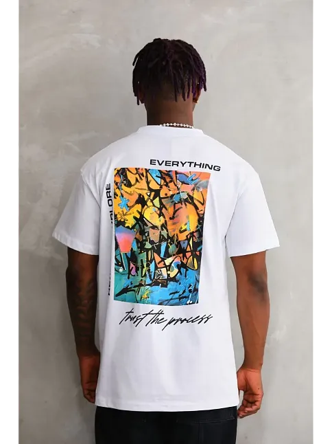 Erkek Bisiklet Yaka Baskılı Oversize T-shirt - Beyaz