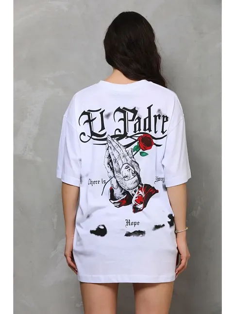 Kadın Kısa Kol Yazlık Tişört Bisiklet Yaka Baskılı Oversize T-shirt - Beyaz