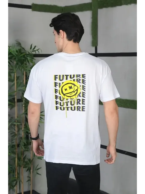 Erkek Kısa Kol Yazlık Tişört Bisiklet Yaka Baskılı Oversize T-shirt - Beyaz