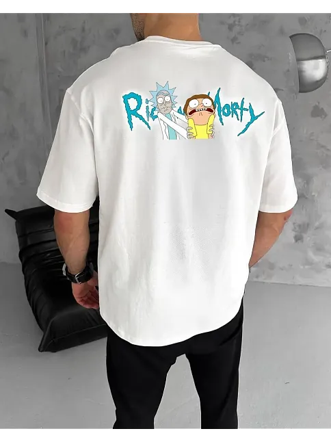 Erkek Kısa Kol Tişört Bisiklet Yaka Rick And Morty Baskılı T-shirt - Beyaz
