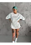Kadın Bisiklet Yaka Yıldırım Baskılı Kısa Kol  T-shirt - Beyaz