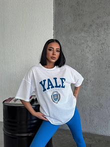 Kadın Kısa Kol Yazlık Tişört Bisiklet Yaka Yale Baskılı T-shirt - Beyaz