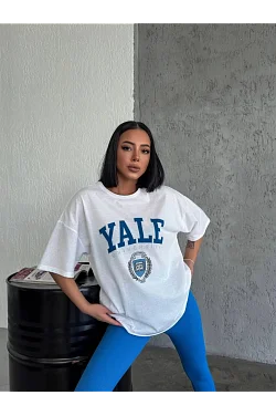 Kadın Kısa Kol Yazlık Tişört Bisiklet Yaka Yale Baskılı T-shirt - Beyaz