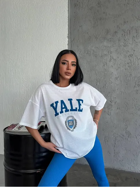 Kadın Kısa Kol Yazlık Tişört Bisiklet Yaka Yale Baskılı T-shirt - Beyaz
