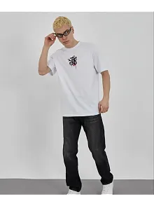 Erkek Kısa Kol Yazlık Tişört Bisiklet Yaka Baskılı Oversize T-shirt - Beyaz