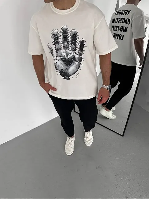 Erkek Baskılı T-shirt Kısa Kol Bisiklet Yaka Regular Fit Rahat Kalıp Günlük Tişört - Beyaz