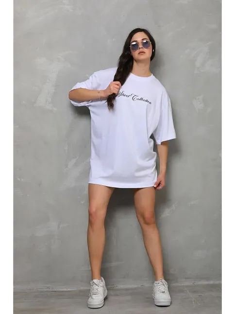 Kadın Baskılı T-shirt Kısa Kol Bisiklet Yaka Oversize Rahat Kalıp Günlük Tişört - Beyaz