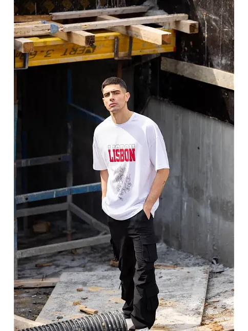 Erkek Kısa Kol Yazlık Tişört Bisiklet Yaka Baskılı Oversize T-shirt - Beyaz