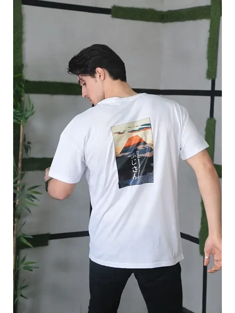 Erkek Kısa Kol Yazlık Tişört Bisiklet Yaka Baskılı Oversize T-shirt - Beyaz