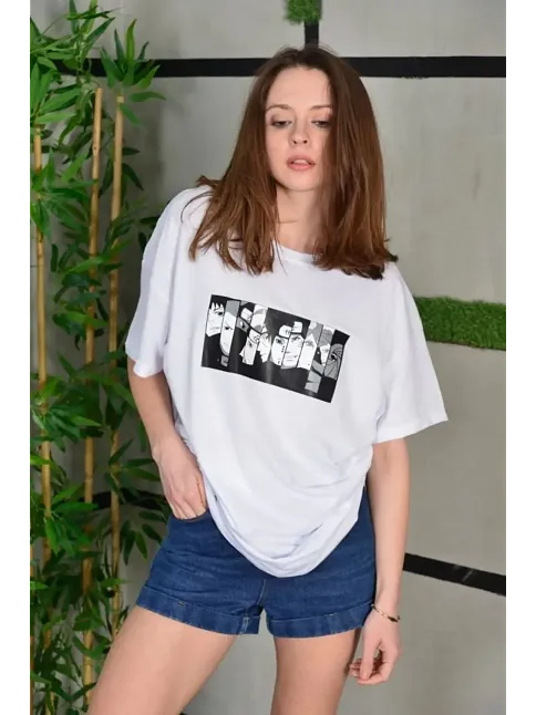 Kadın Bisiklet Yaka Baskılı  Kısa Kol Oversize T-shirt - Beyaz