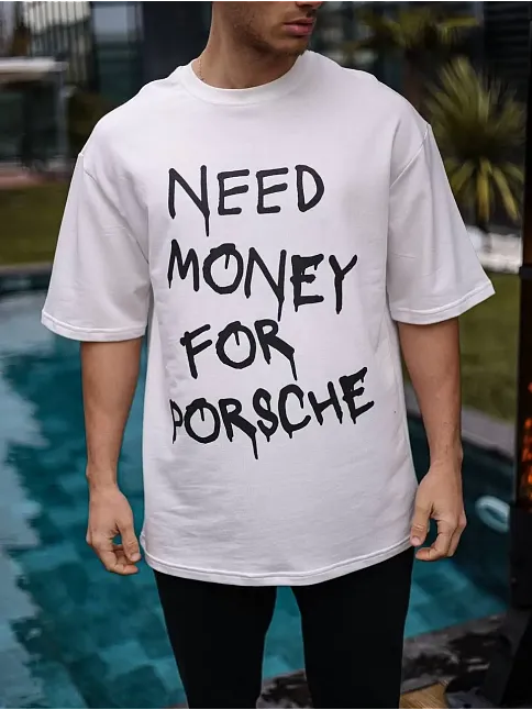 Erkek Kısa Kol Yazlık Tişört Bisiklet Yaka Baskılı Oversize T-shirt - Beyaz
