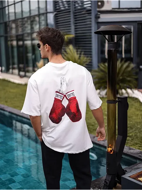 Erkek Kısa Kol Tişört Bisiklet Yaka Boxy Eldiven Baskılı T-shirt - Beyaz