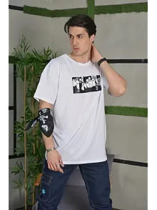 Erkek Kısa Kol Yazlık Tişört Bisiklet Yaka Baskılı Oversize T-shirt - Beyaz