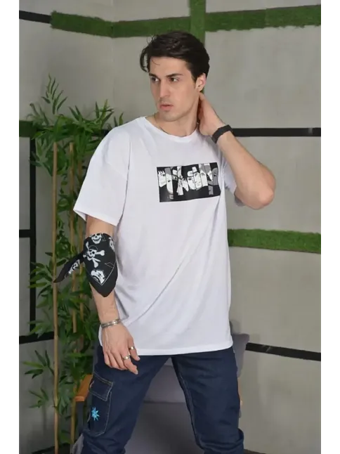 Erkek Kısa Kol Yazlık Tişört Bisiklet Yaka Baskılı Oversize T-shirt - Beyaz