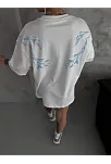 Kadın Tişort Bisiklet Yaka Yıldırım Şimşek Baskılı Kısa Kol T-shirt - Beyaz