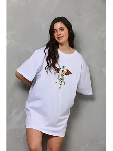 Kadın Baskılı T-shirt Kısa Kol Bisiklet Yaka Regular Fit Rahat Kalıp Günlük Tişört - Beyaz