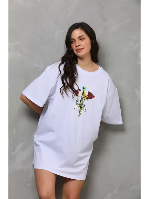 Kadın Baskılı T-shirt Kısa Kol Bisiklet Yaka Regular Fit Rahat Kalıp Günlük Tişört - Beyaz