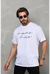 Erkek Kısa Kol Yazlık Tişört Bisiklet Yaka Baskılı Oversize T-shirt - Beyaz