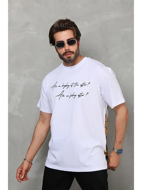 Erkek Kısa Kol Yazlık Tişört Bisiklet Yaka Baskılı Oversize T-shirt - Beyaz