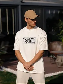 Erkek Kısa Kol Yazlık Tişört Bisiklet Yaka Baskılı Oversize T-shirt - Beyaz