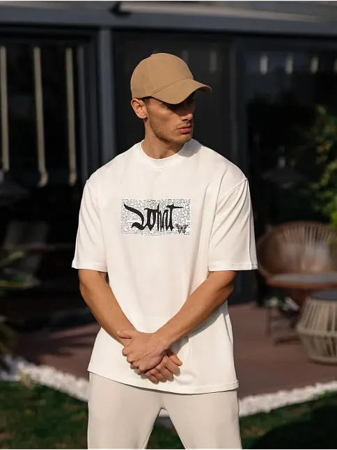 Erkek Kısa Kol Yazlık Tişört Bisiklet Yaka Baskılı Oversize T-shirt - Beyaz