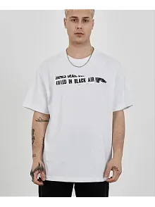 Erkek Kısa Kol Yazlık Tişört Bisiklet Yaka Baskılı Oversize T-shirt - Beyaz