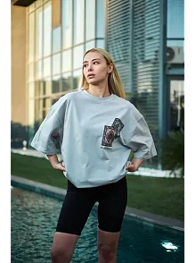 Kadın Bisiklet Yaka Baskılı Kısa Kol Oversize T-shirt - Boyalı Gri