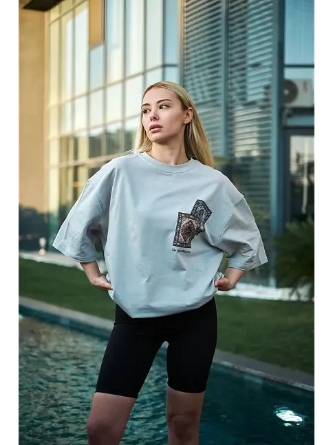 Kadın Bisiklet Yaka Baskılı Kısa Kol Oversize T-shirt - Boyalı Gri