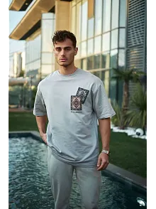 Erkek Kısa Kol Yazlık Tişört Bisiklet Yaka Baskılı Oversize T-shirt - Boyalı Gri